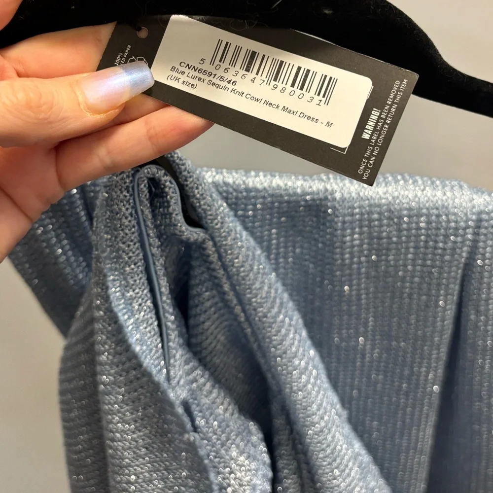 NWT PRETTYLITTLETHING Blue Lurex Sequin Cowl Neck Maxi Dress - Picture 8 of 10